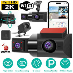 2K Car DVR 3 Channel Dash Cam Camcorder Camera Recorder With 140 Angle GPS WiFi Night Vision G-sensor Loop Recording Parking Monitor