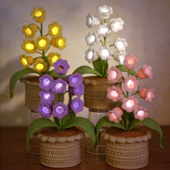 Hand crocheted Potted Arrangement Of Bell Orchids With 9 Headbands And Lights